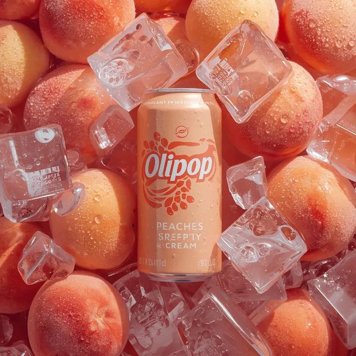 Ultra-realistic commercial product photography of a pastel peach-colored soda can labeled “OLIPOP –…