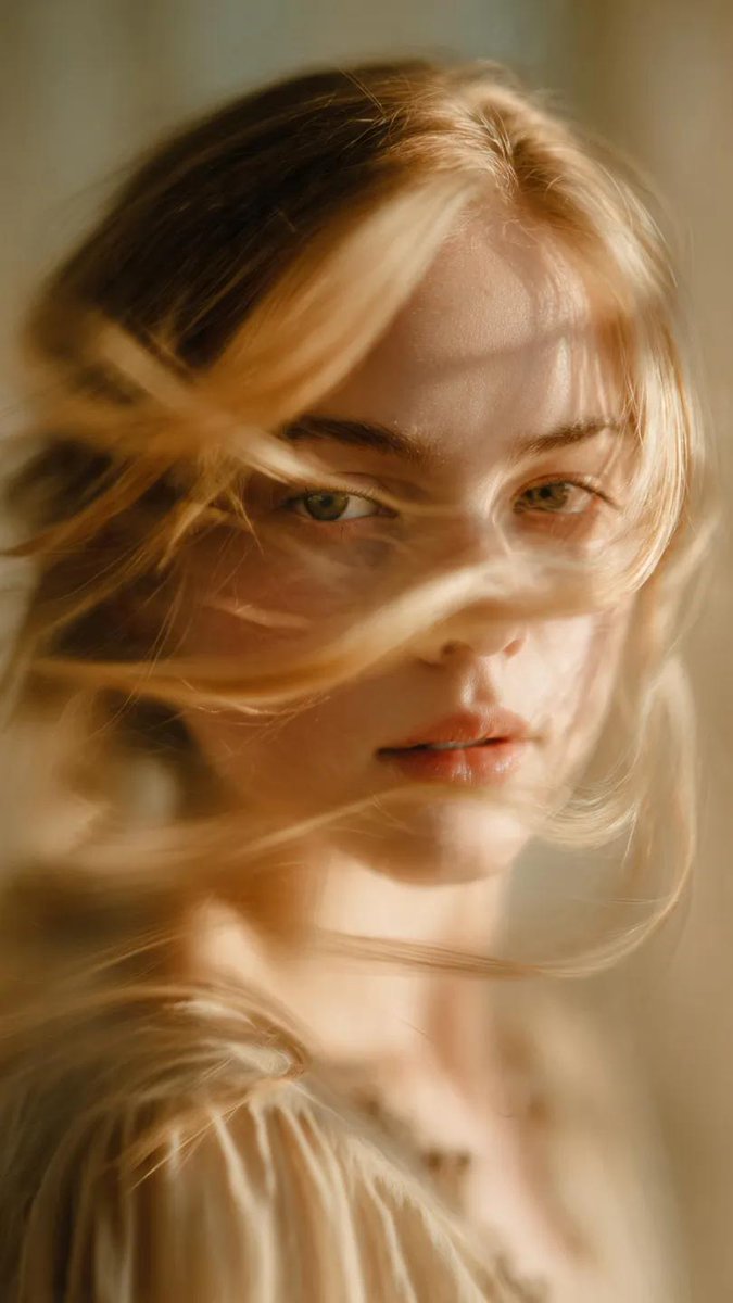 A soft-focus, cinematic portrait of a young woman with delicate facial features and light golden ha…