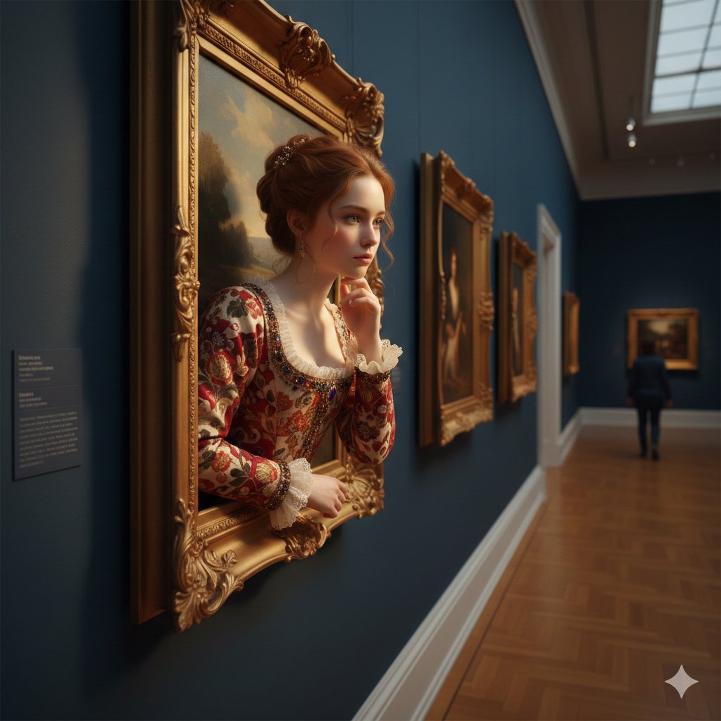 A surreal, ultra-realistic scene of a young woman emerging from an ornate golden picture frame moun…