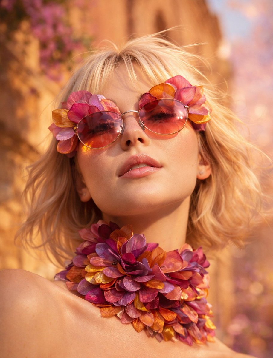 Low-angle close-up portrait of a platinum blonde woman wearing oversized sculptural sunglasses craf…