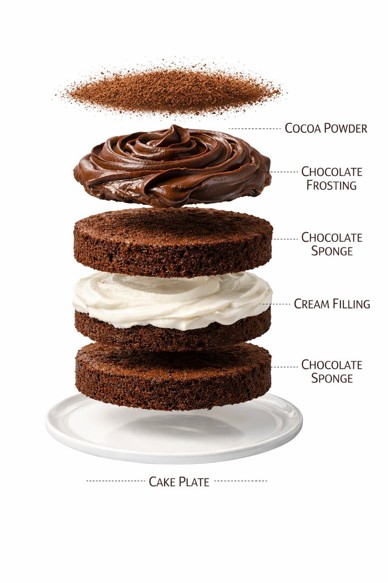 Ultra-realistic premium food photography of a layered chocolate cake on a white plate, centered com…