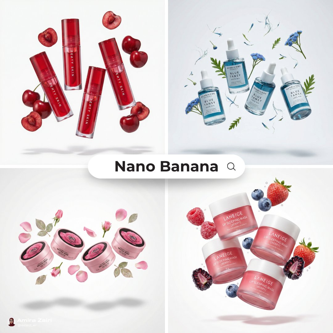 [product], 3–4 identical units of the product floating in mid-air, surrounded by fresh [fruit/veget…