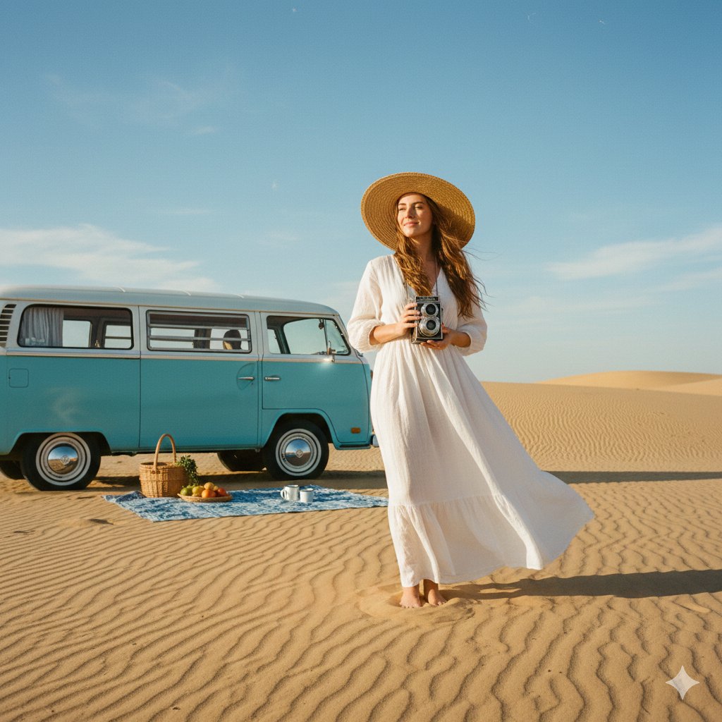 A wide shot of a woman in an airy white linen maxi dress and a wide-brimmed straw hat, standing in …