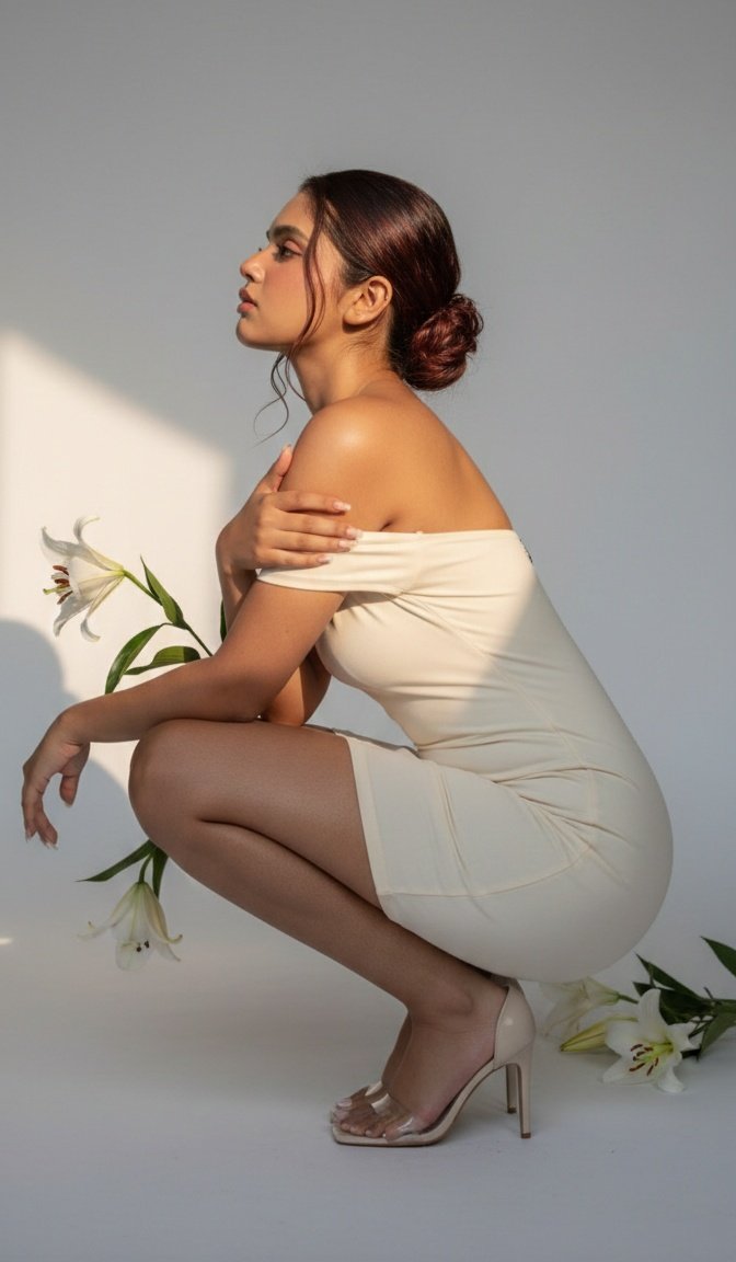Role: high-end fashion editorial photographer shooting a luxury minimalist studio campaign, ultra-r…