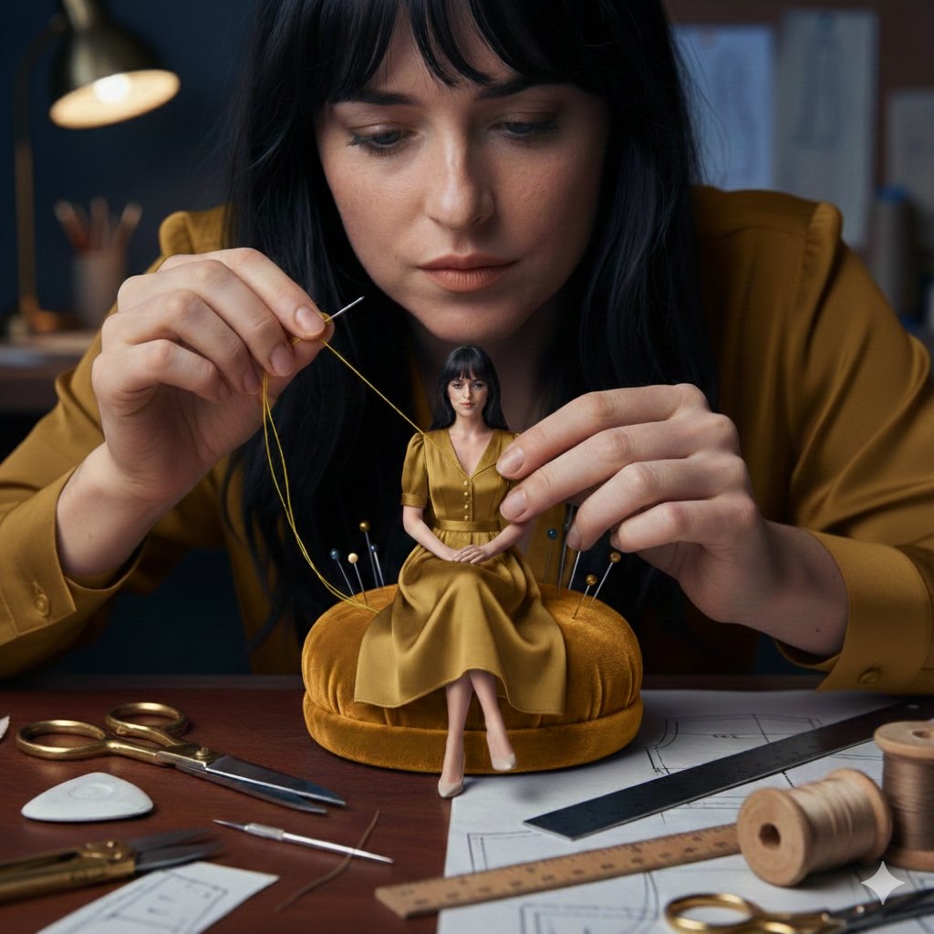 A cinematic fashion studio scene of a woman hand-sewing a miniature dress worn by a tiny version of…