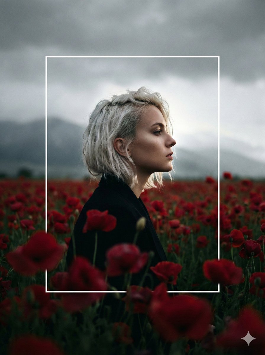 A cinematic, high-contrast profile portrait of a woman with short, platinum-blonde hair, standing i…