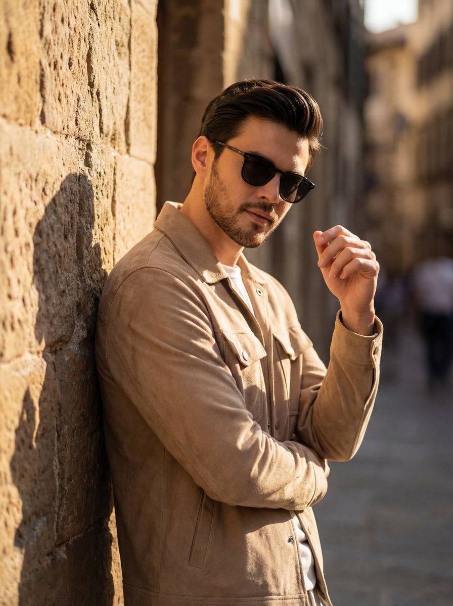 A cinematic golden hour portrait of a stylish man leaning against a textured stone wall, wearing da…
