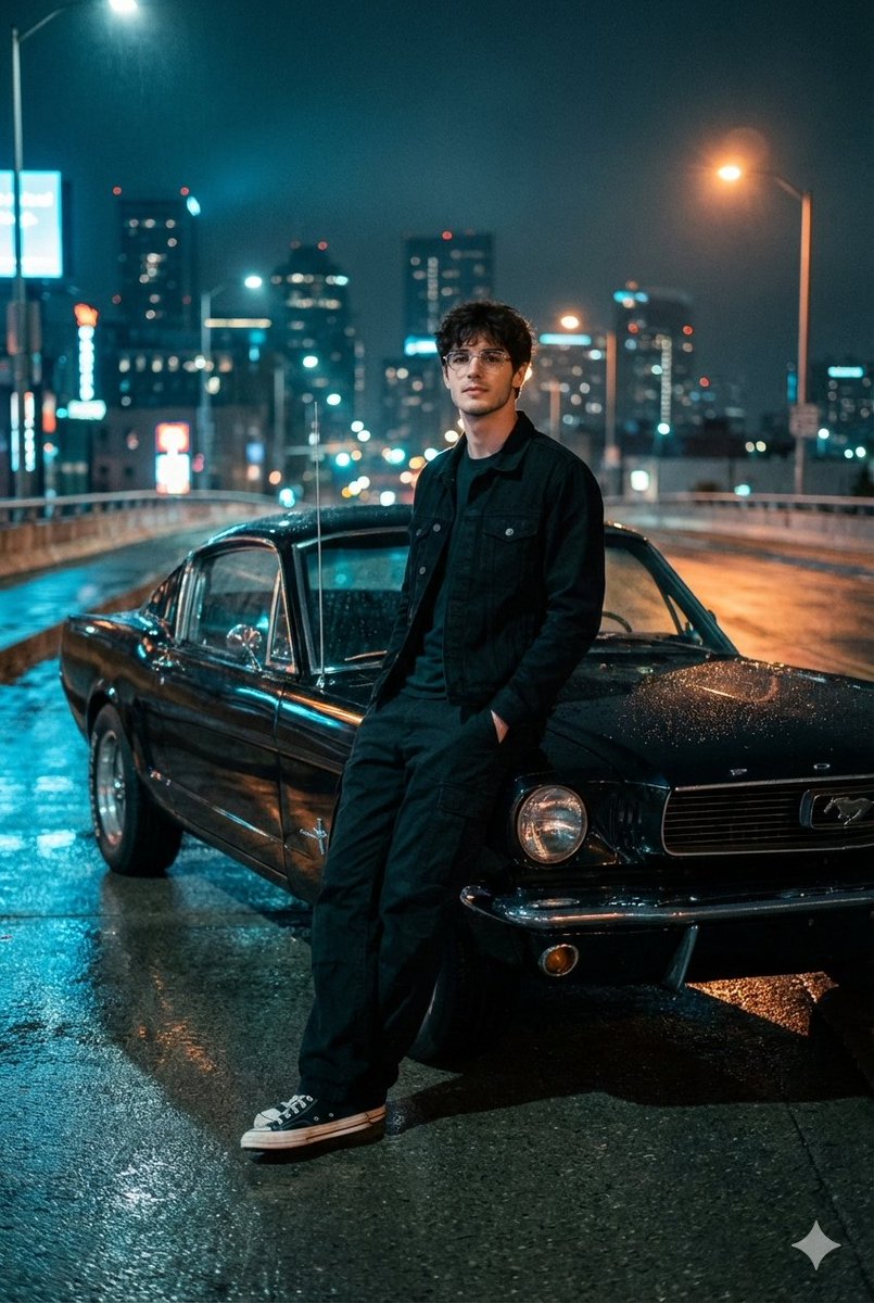 A Cinematic Night Photo On A Dimly Lit Urban Overpass With A View Of The City Skyline. In The Foreg…