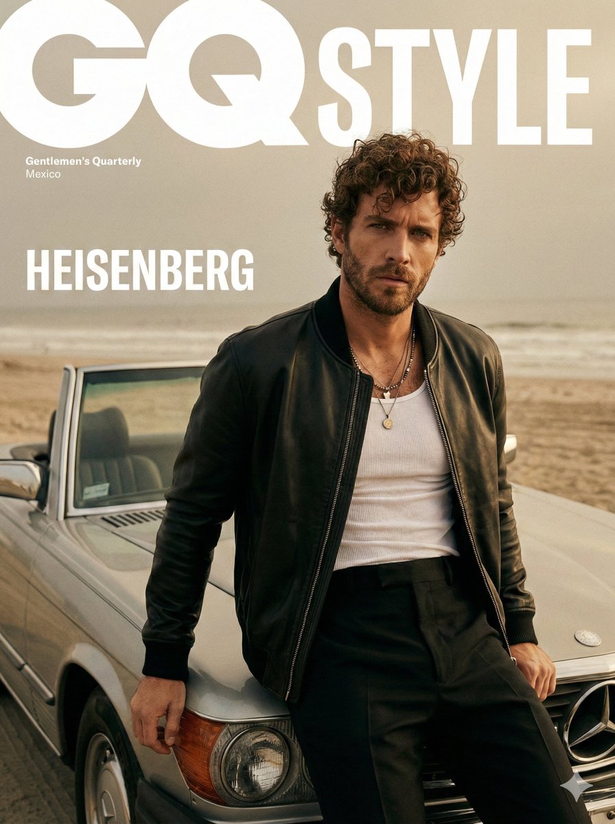 A cinematic fashion editorial portrait of male model for a GQ Style magazine cover. He is leaning a…
