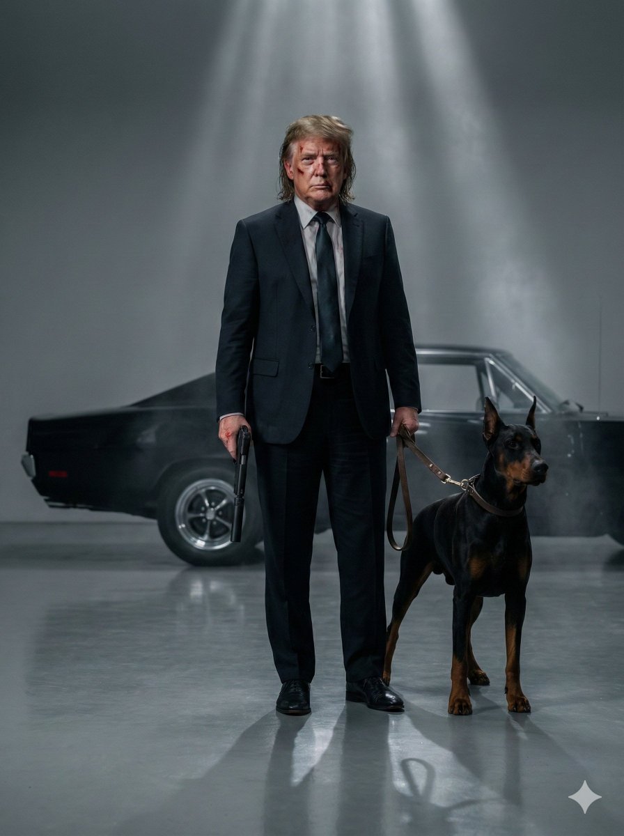 Full body cinematic shot of the person in the uploaded image as a hitman in a tailored black suit a…
