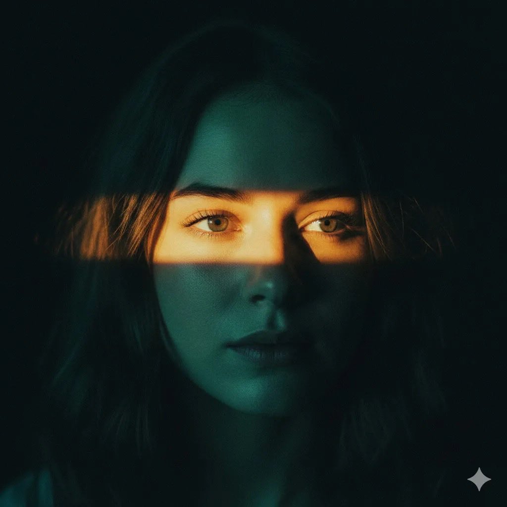 Ultra-realistic cinematic portrait of a young woman with soft brown hair, centered composition, dar…