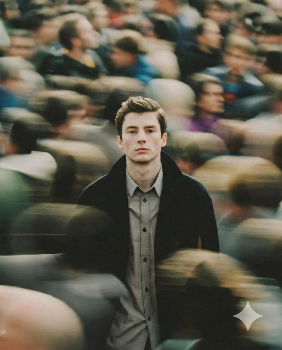 A cinematic portrait of a young man standing still in the middle of a busy crowd, sharp focus on th…