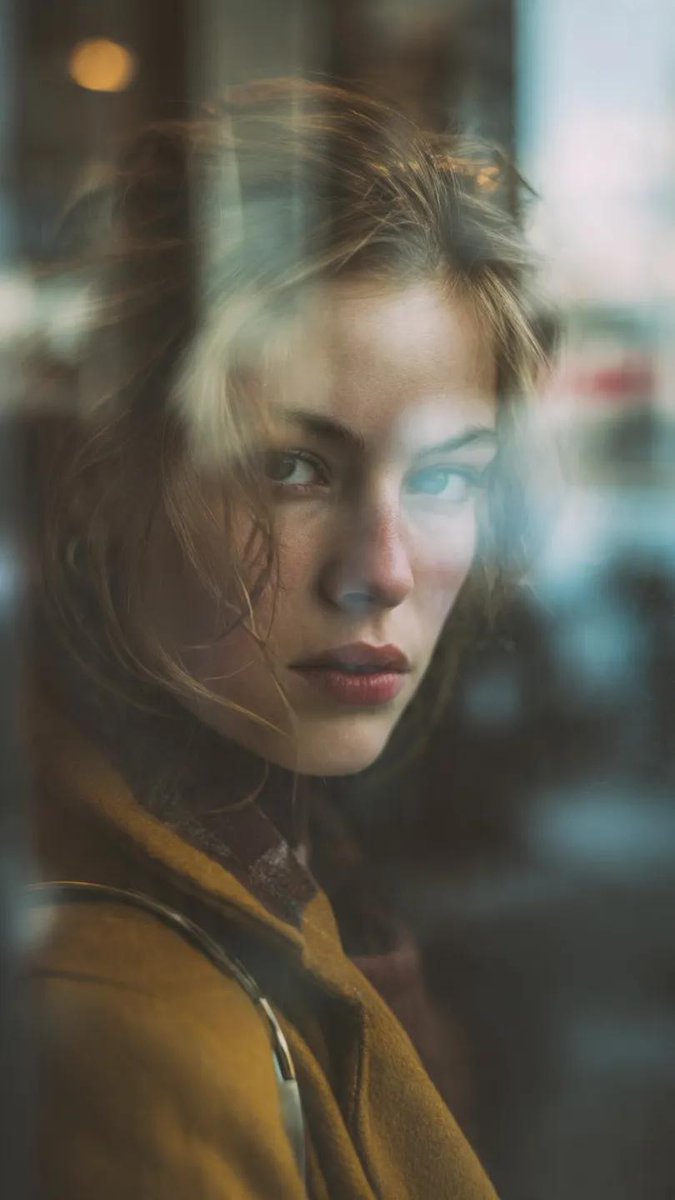 Reflection in glass window, layered composition, subject of a beautiful woman partially obscured. F…
