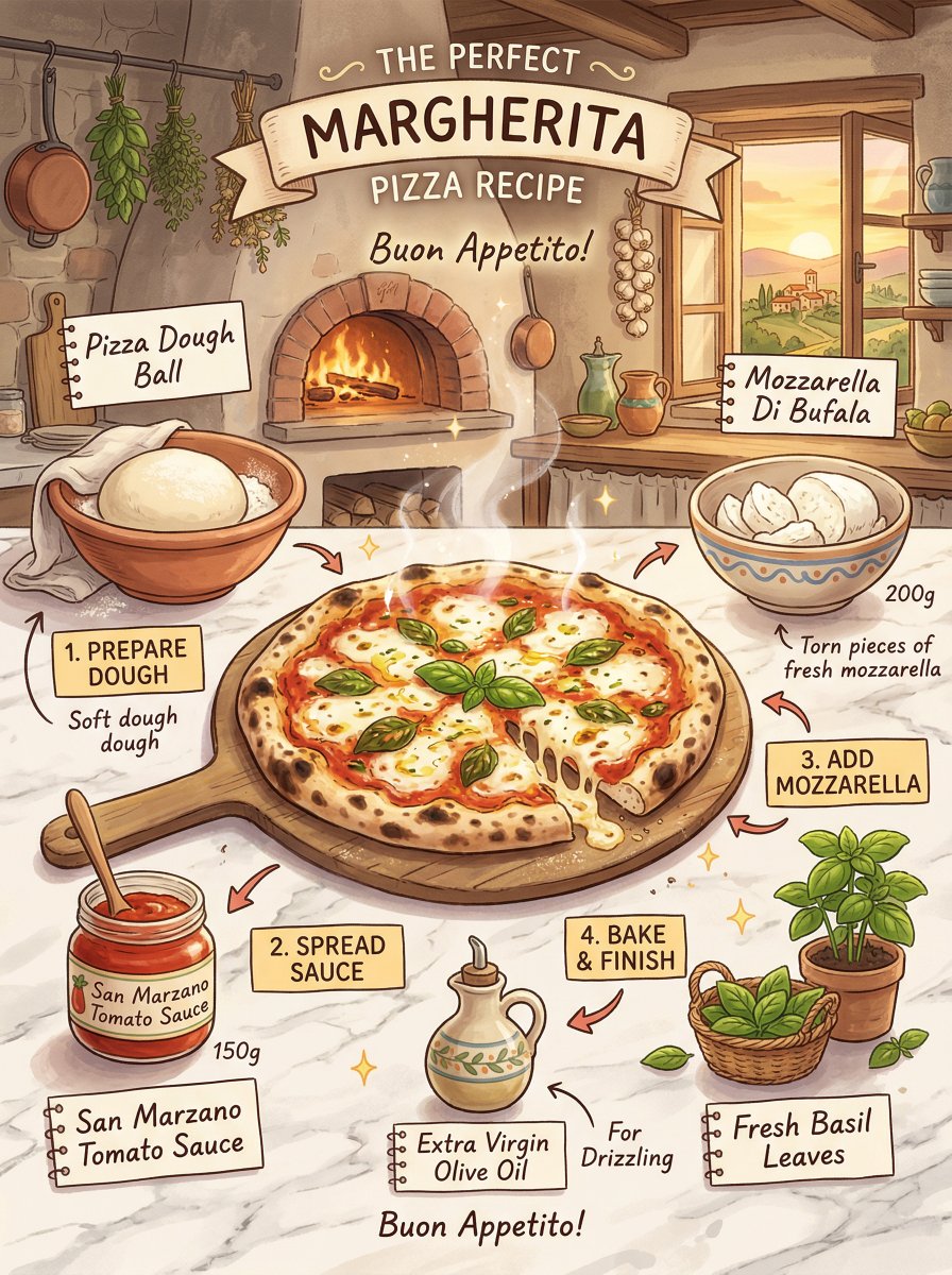 margherita pizza recipe infographic, Studio Ghibli inspired illustration, traditional Italian kitch…