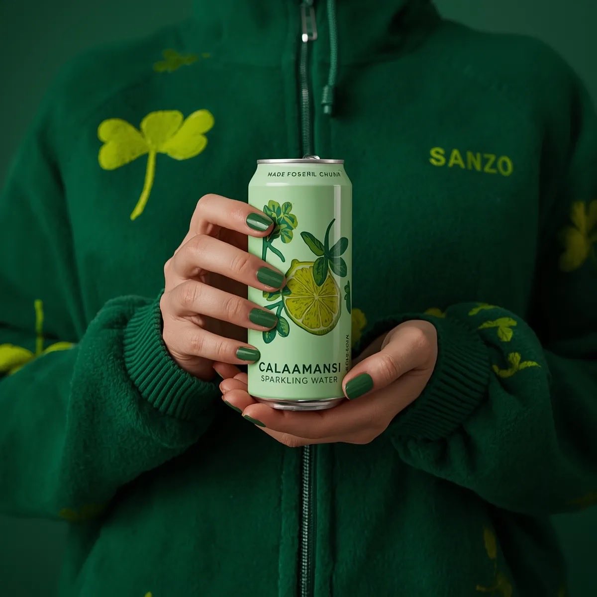 A photorealistic product shot of a person holding a slim, light green can of Sanzo Calamansi Sparkl…