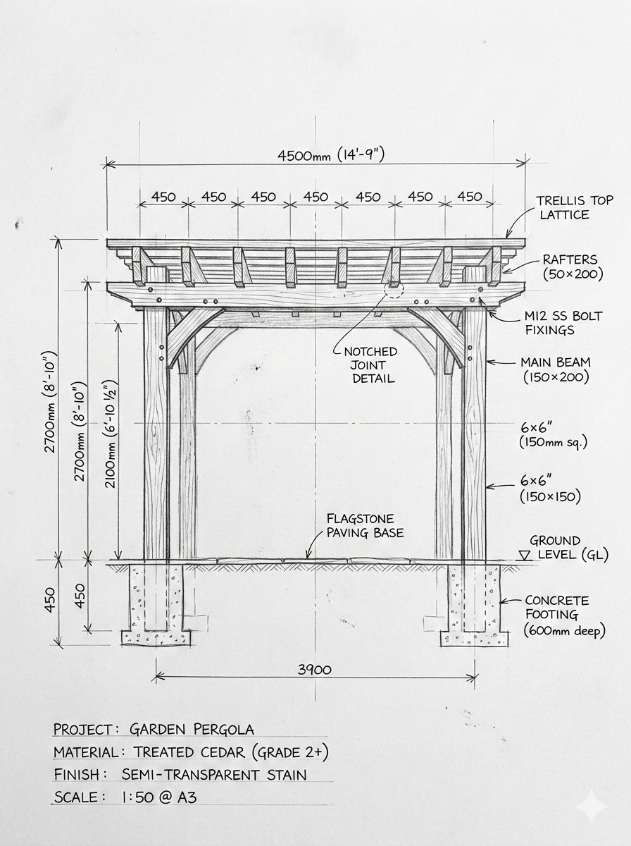 Pergola Blueprint Prompt: Hand-drawn architectural pencil sketch of a wooden garden pergola on whit…