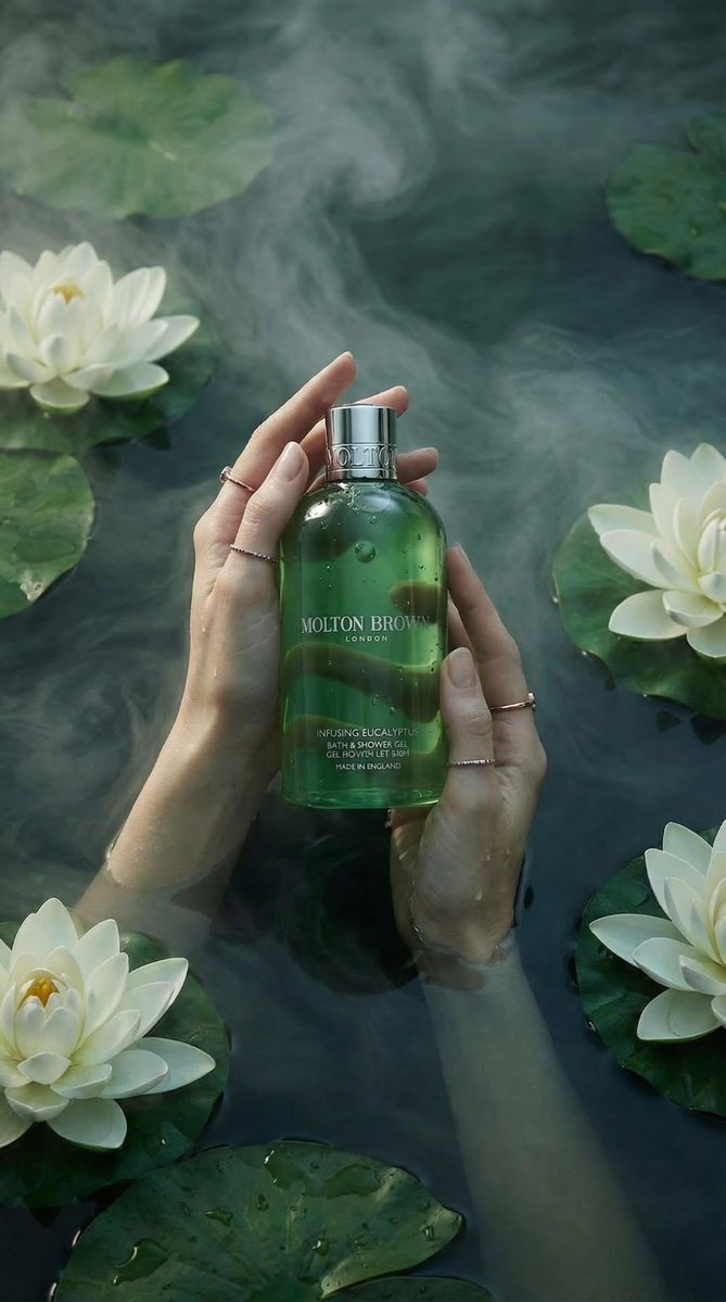 Luxury product photography of a green translucent bath and shower gel bottle held gently by two fem…