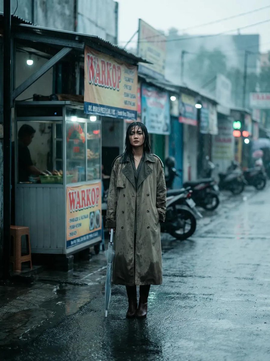 Full body fashion editorial of a beautiful Indonesian woman, wet pavement outside warkop, soft rain…
