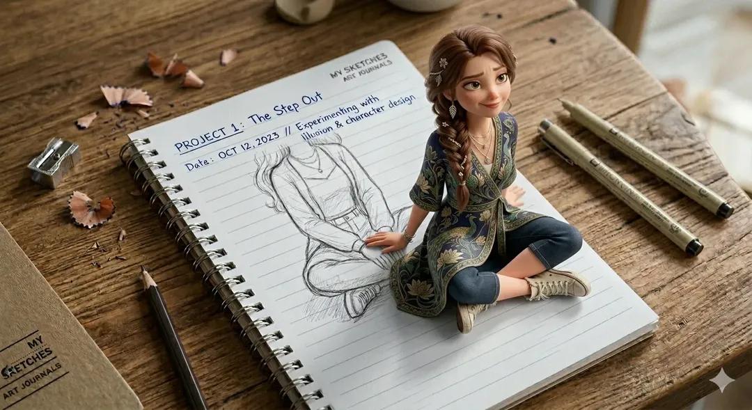 A creative 3D illusion artwork of a cute young girl stepping out of a spiral notebook page placed o…