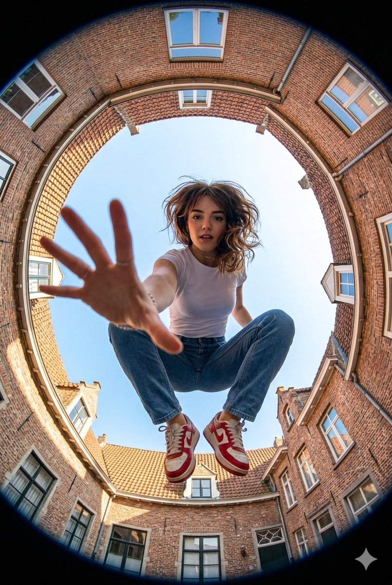Make an Ultra-wide fisheye lens perspective shot from ground level looking straight up at a young w…