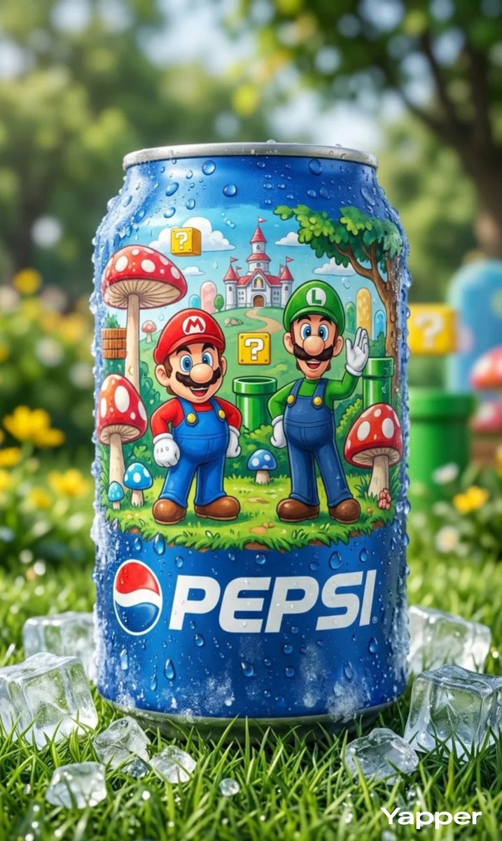 Ultra-realistic product photography of a chilled blue Pepsi can placed upright on fresh green grass…