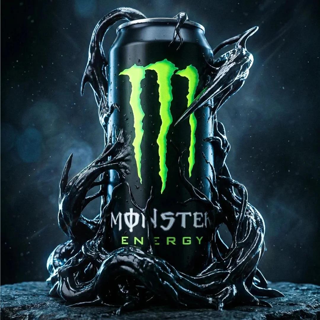 Cinematic ultra-high-end product photography of an official Monster Energy drink can a standard ver…