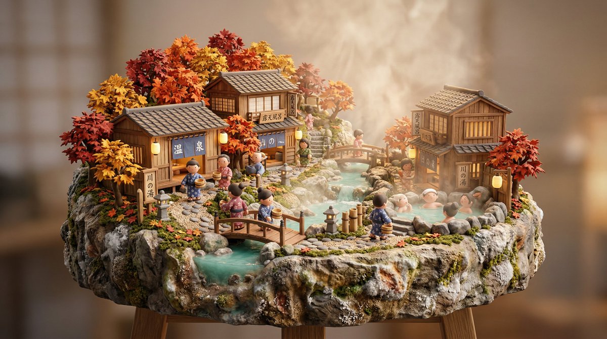 3D miniature scene, a [JAPANESE ONSEN VILLAGE] with [wooden bathhouses, steam rising from natural h…