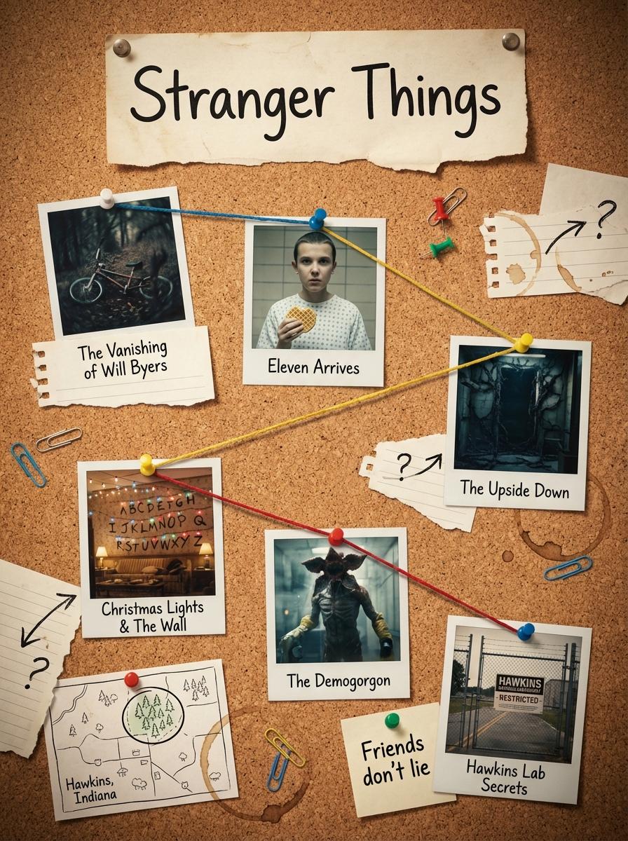 Generates a clean, cinematic 1080×1080 corkboard layout that visually summarizes the story of movie…