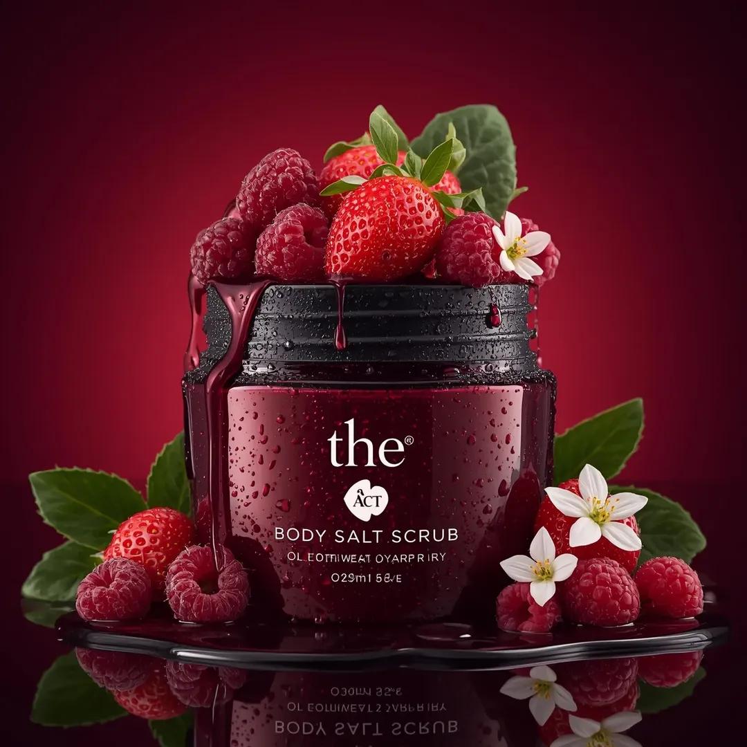 Ultra-realistic luxury cosmetic product photography of a deep red glass jar labeled “the ACT Body S…
