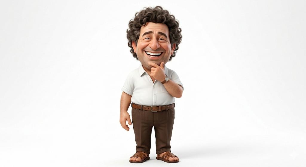 A highly detailed 3D caricature of a cheerful man with an oversized head, a big smile showcasing la…