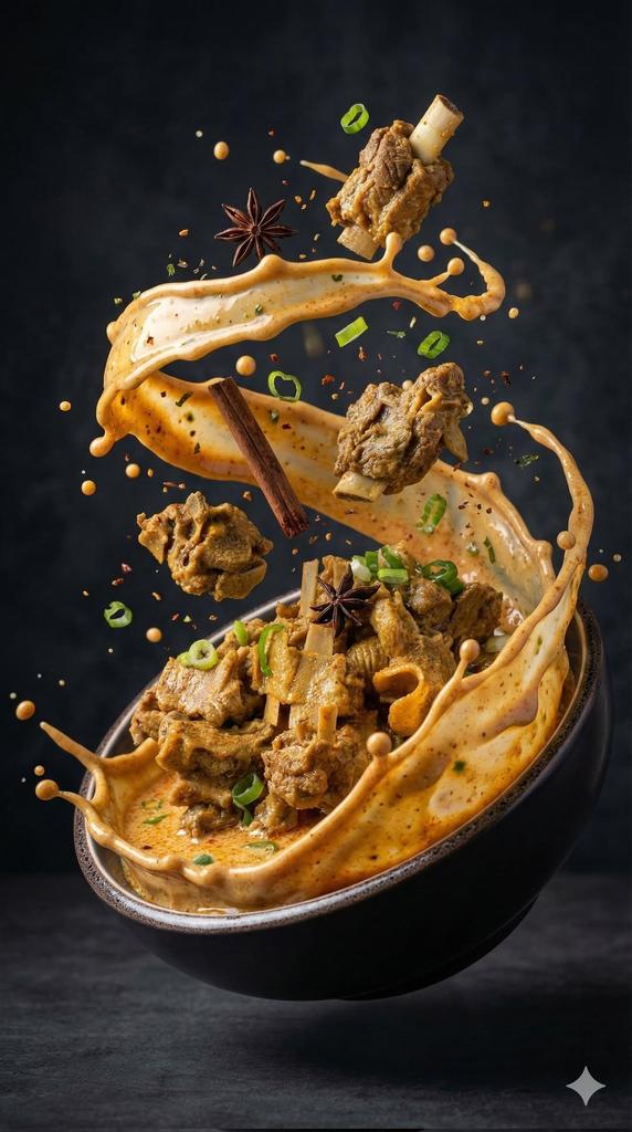 Ultra-realistic cinematic food photography of a bowl of rich spicy meat soup exploding upward in a …