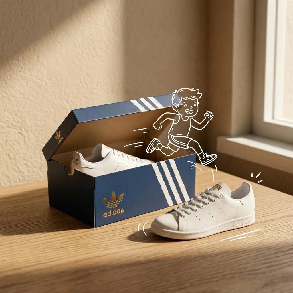 Adidas sneakers in the box, minimalist product photography, clean warm studio scene, textured beige…