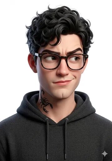 3D stylized character portrait of a young man, curly dark hair, wearing black round glasses and a d…
