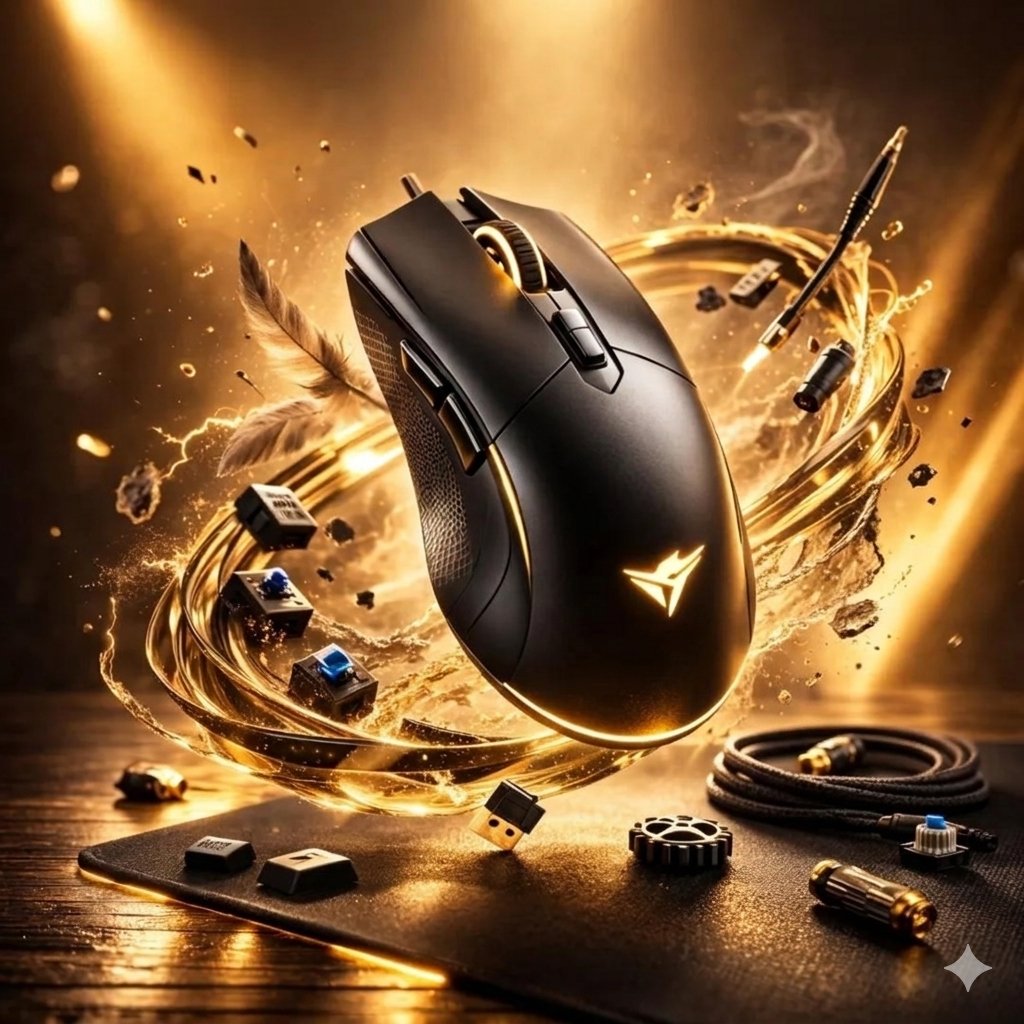 Ultra-realistic gaming mouse floating above a desk, surrounded by glowing golden energy rings and f…