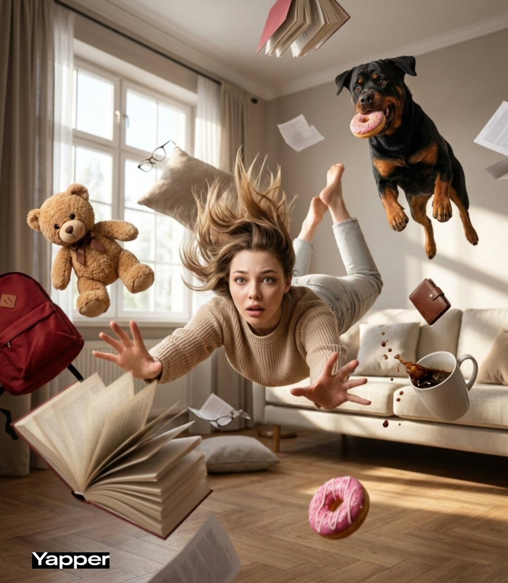 Cinematic surreal scene of a young woman falling forward through a swirling vortex of everyday obje…