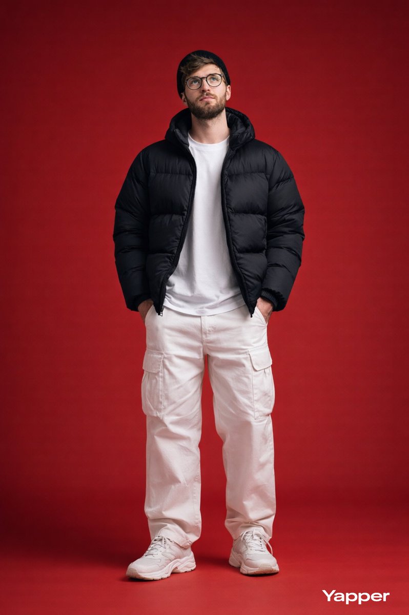 Ultra-realistic full-body studio fashion portrait of a stylish young man standing confidently, look…