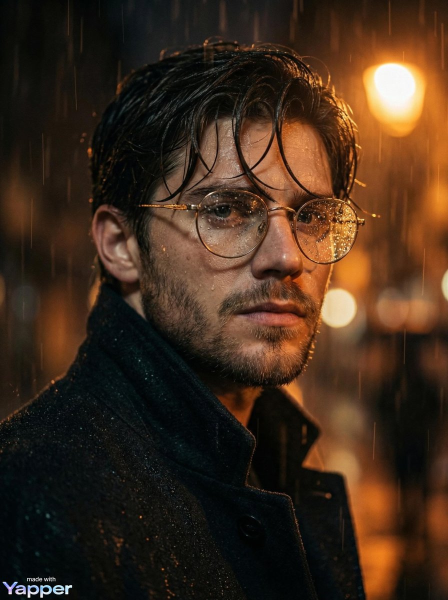 Cinematic close-up portrait of a young man standing in heavy rain at night, wearing round metal gla…