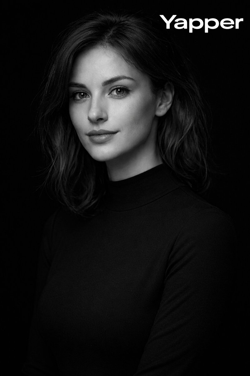 { "prompt": "High-contrast monochromatic studio portrait of a European woman around 25 years old. S…
