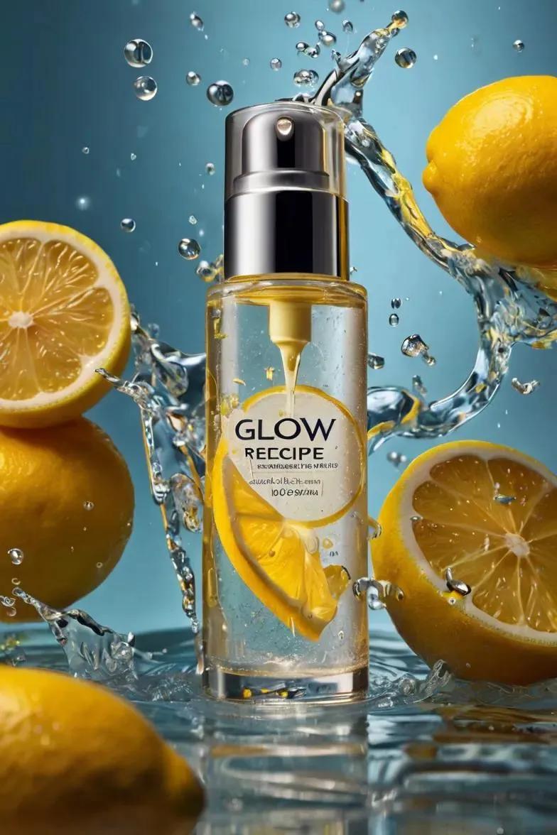 Ultra-realistic skincare advertising photography featuring a frosted citrus glass bottle labeled “G…