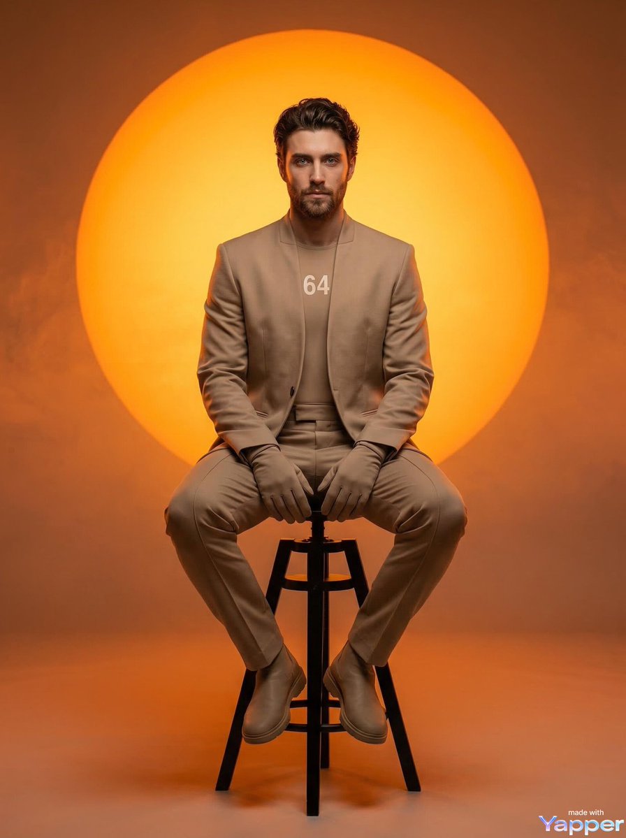 A man with short curly hair and light facial hair sitting on a tall black stool, centered compositi…