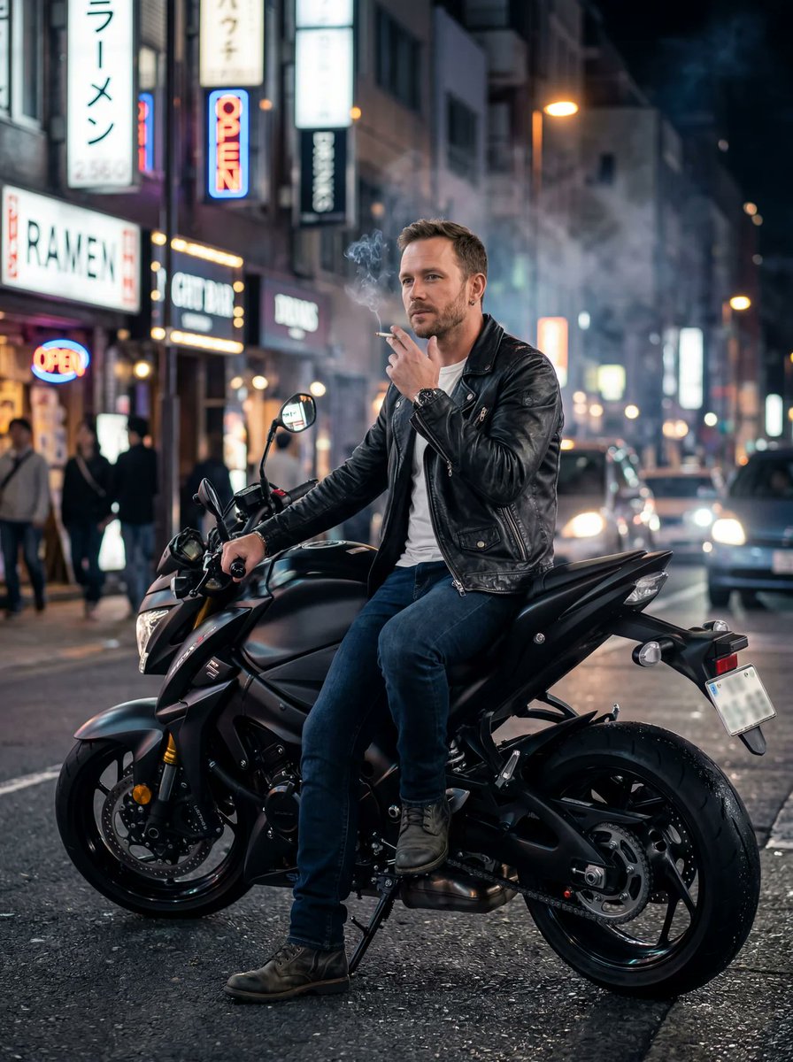 { "style": "photorealistic", "subject": "adult man smoking a cigarette while sitting on a motorbike…