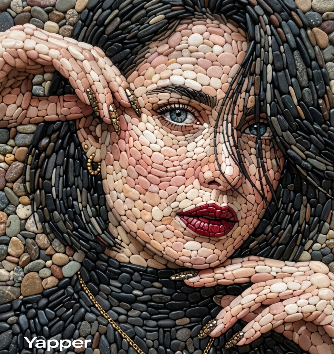 A highly detailed pebble mosaic portrait of a beautiful woman, where the entire image is constructe…