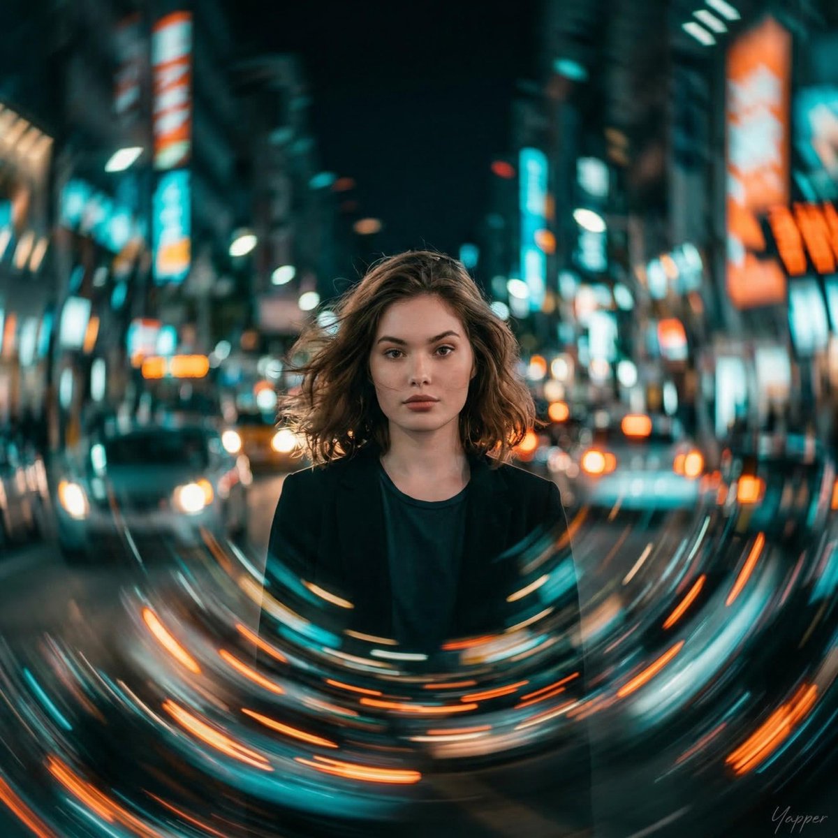 cinematic portrait of a young woman standing perfectly still as the city around her spirals in circ…