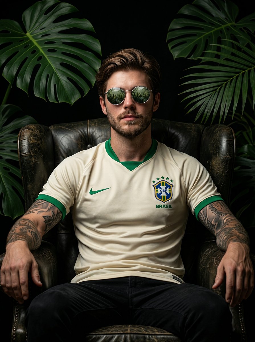 Cinematic portrait of a confident football player sitting on a dark armchair, tropical jungle leave…