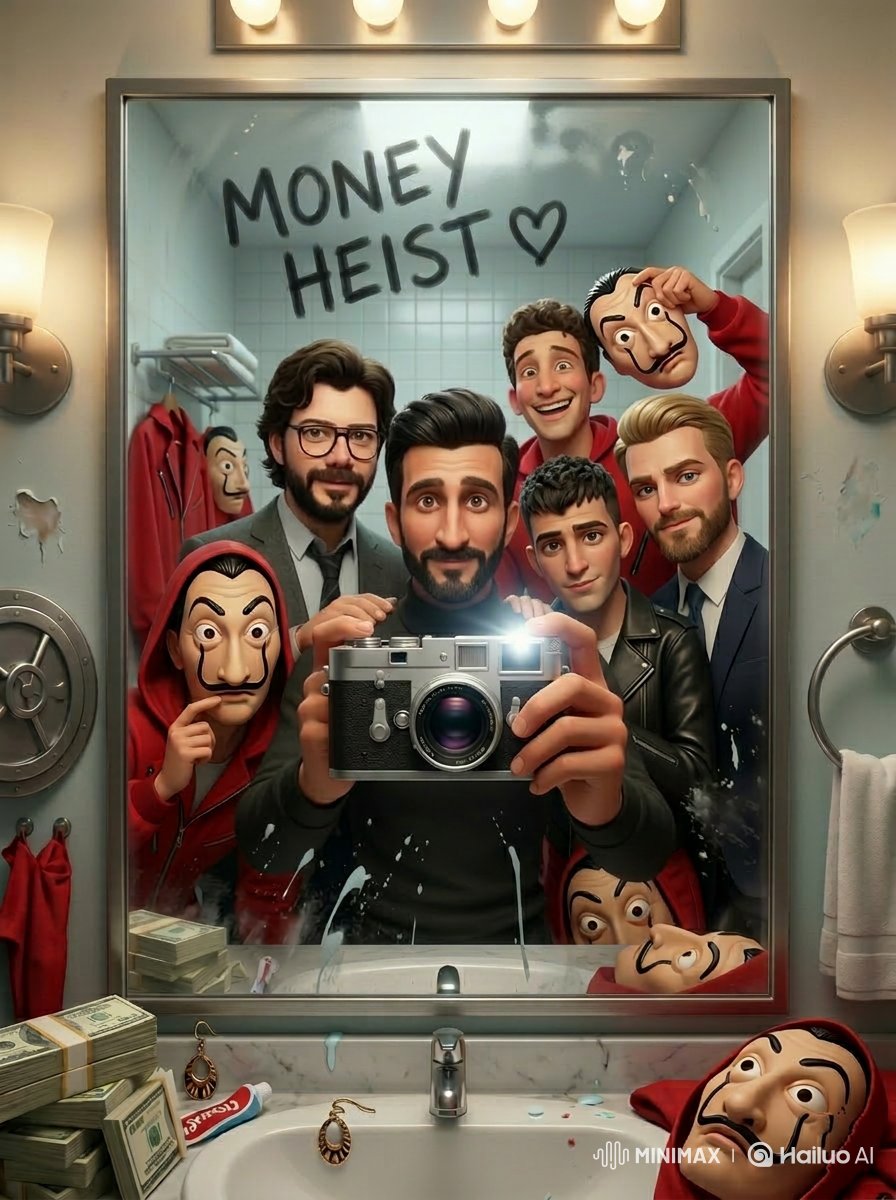 Cinematic mirror selfie scene inspired by a retro 80s sci-fi horror vibe, a group of teenagers and …
