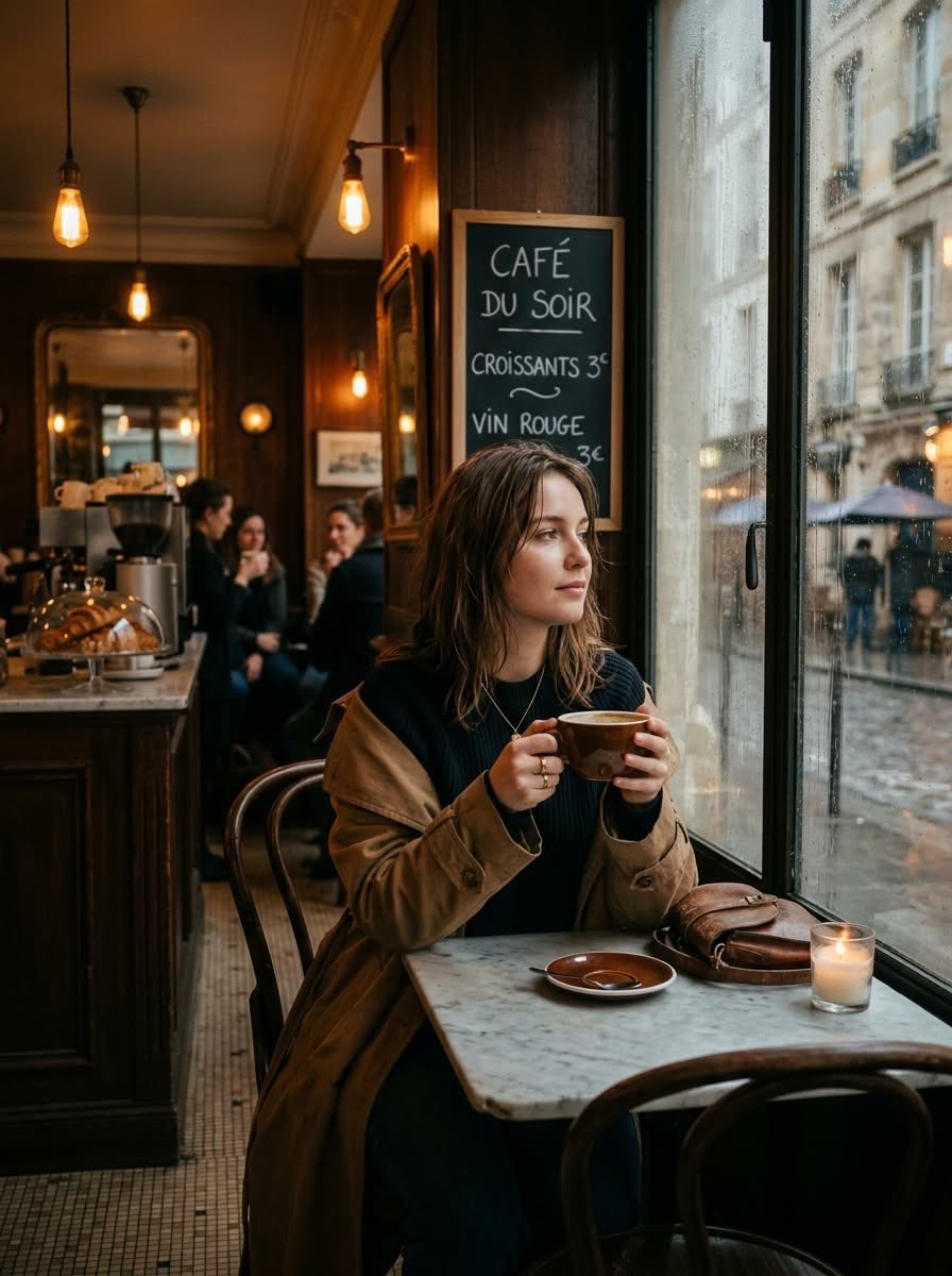 Cinematic photo of a young woman sitting alone in a cozy Parisian café on a rainy day, holding a cu…