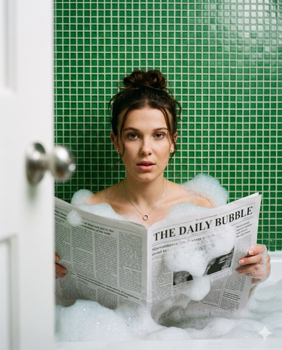 A young blonde Hollywood actress, similar to Sydney Sweeney, appears inside a bathtub filled with f…