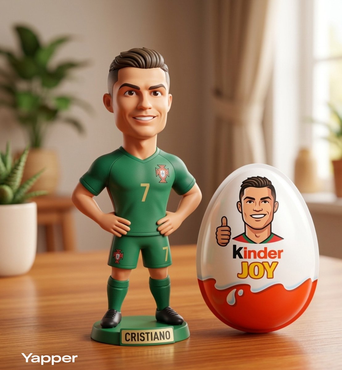A cute stylized 3D collectible figurine inspired by Cristiano Ronaldo, with short styled hair and a…