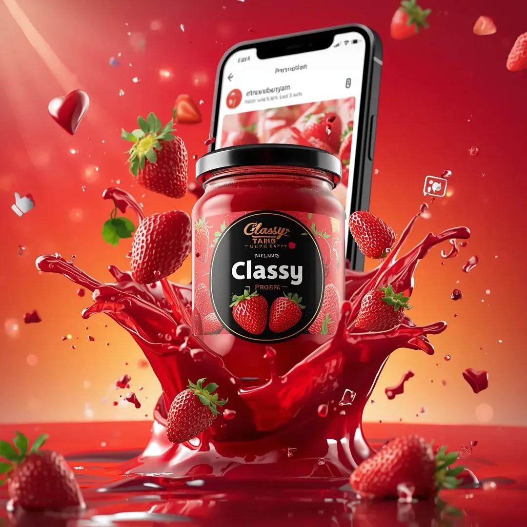 Ultra-realistic commercial food product advertising scene featuring a glass jar labeled "Classy Str…