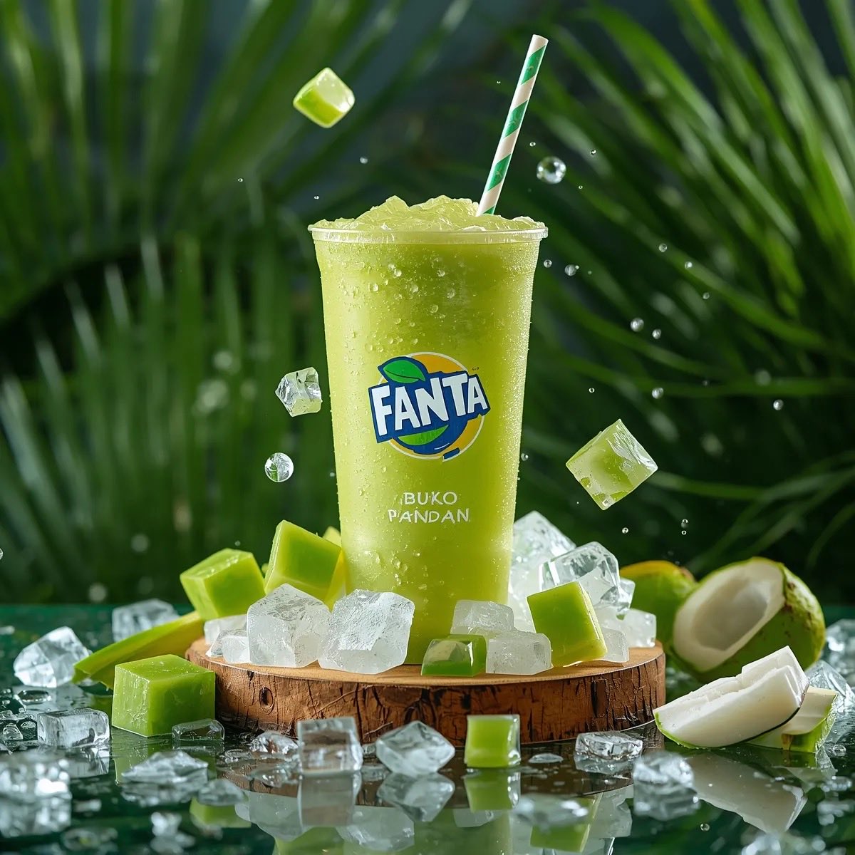 Ultra-realistic commercial product photography of a cold green tropical drink in a transparent plas…